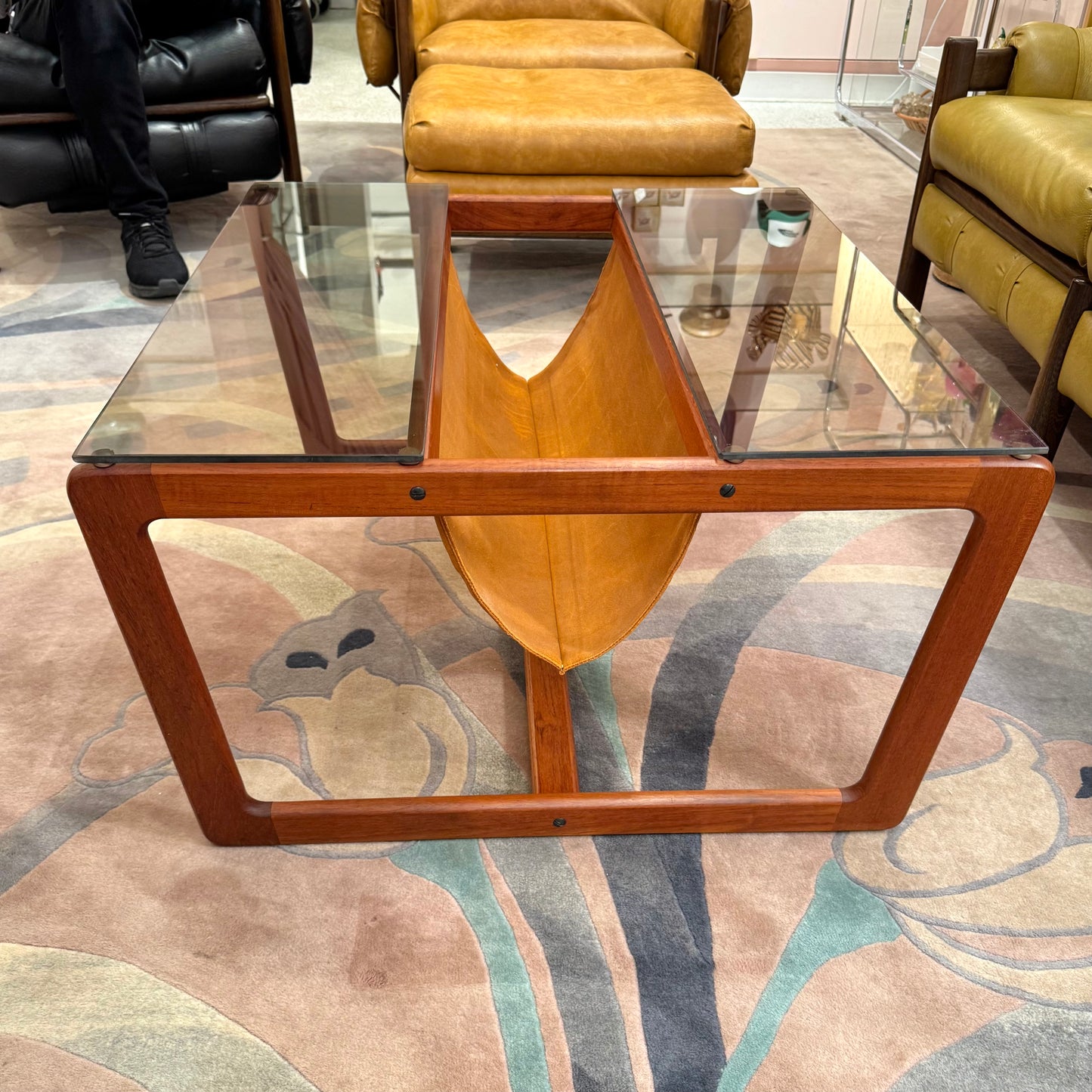 Vintage Lou Hodges Style Teak and Smoked Glass Coffee Table with Magazine Holder