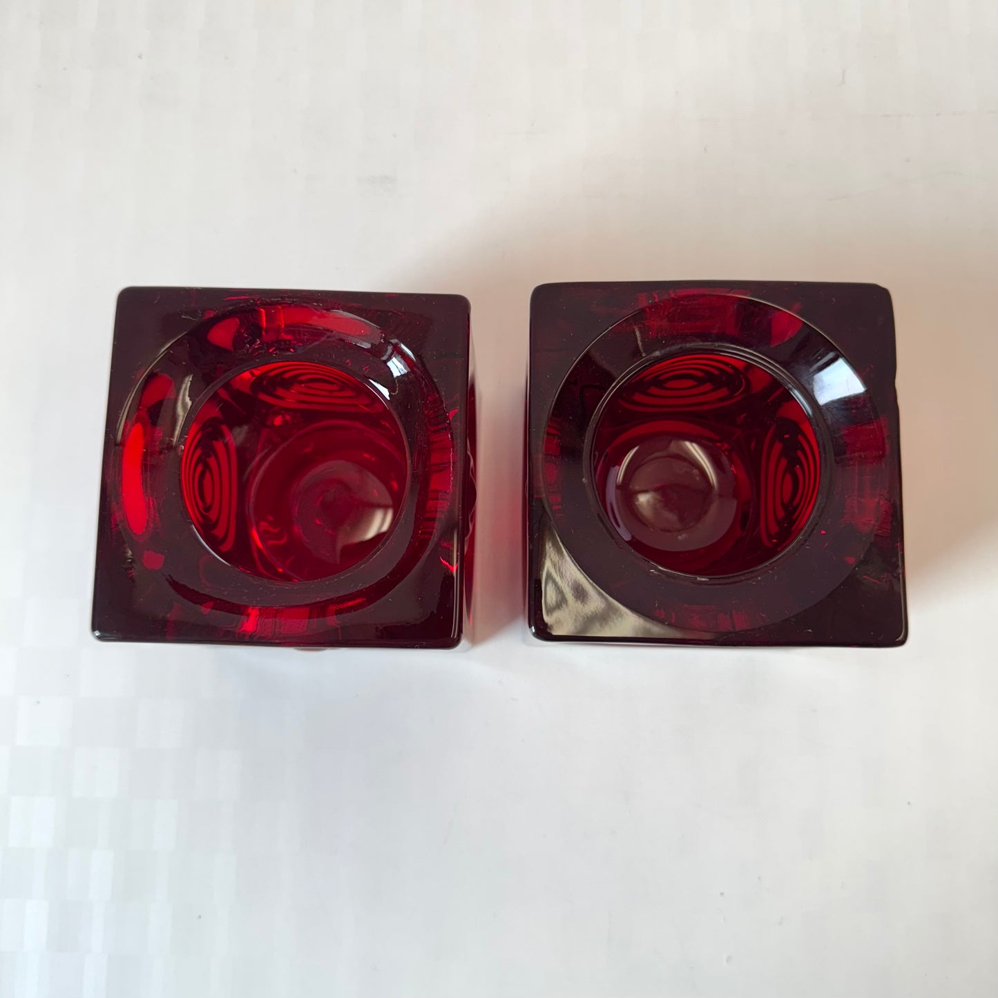 Vintage Pair of Ruby Red Viking Glass Company "Bullseye" Cube Candle Holders