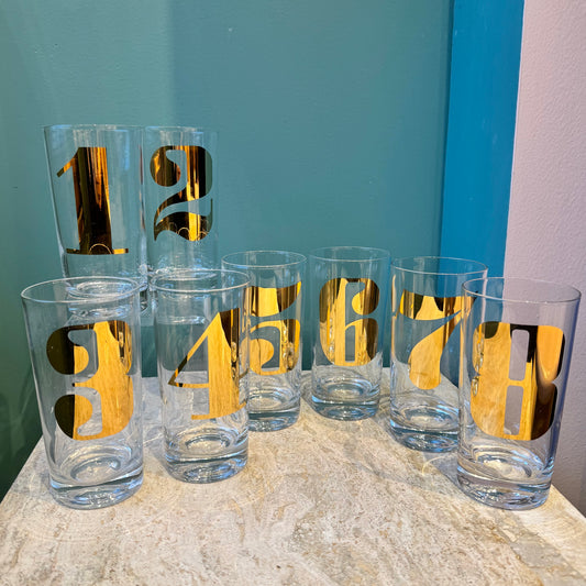 Mid Century Gold Numbered “Morgan” Highball Glasses Set 1-8