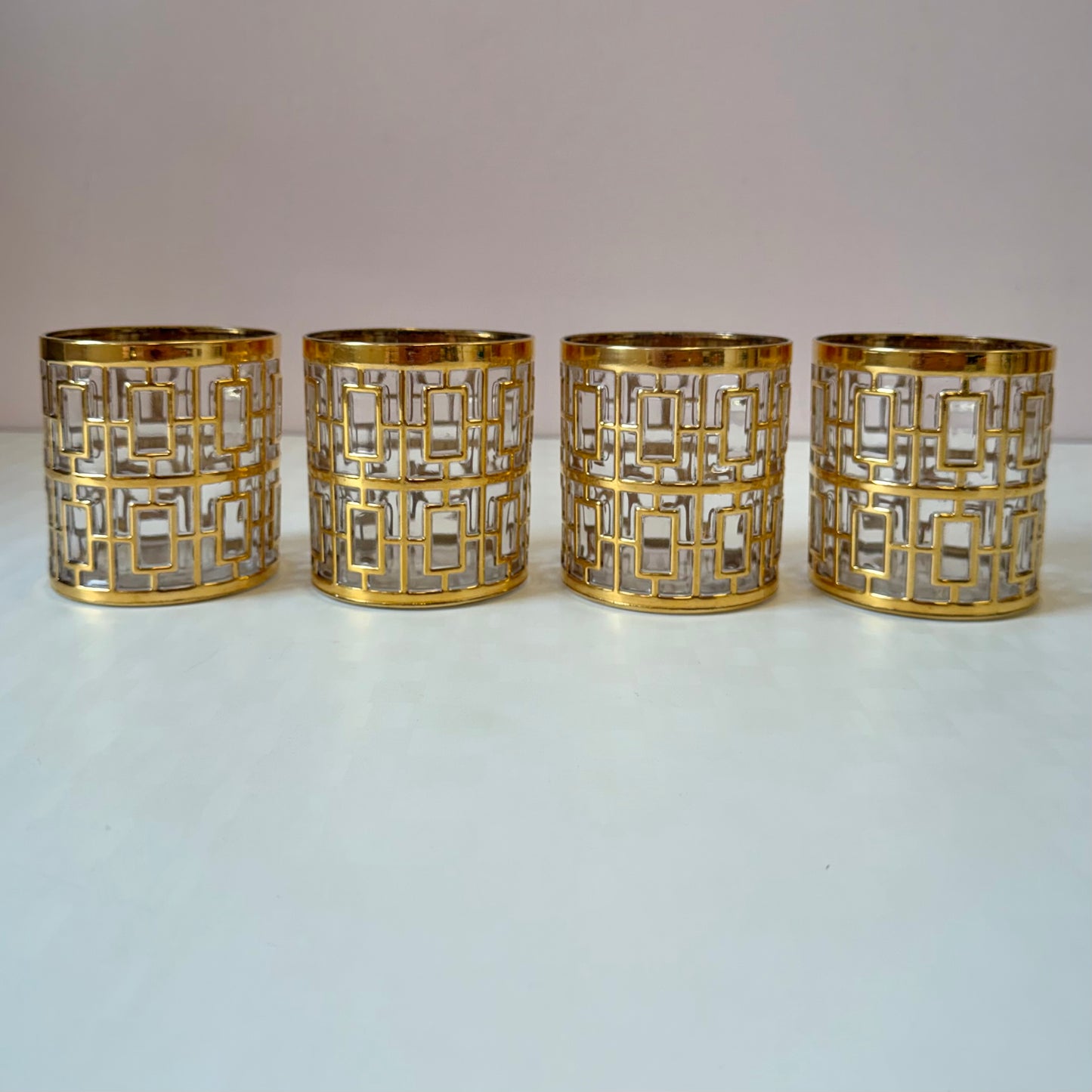Vintage Set of 4 Imperial Glass Company Tumbler Glasses in the Gold Shoji Pattern