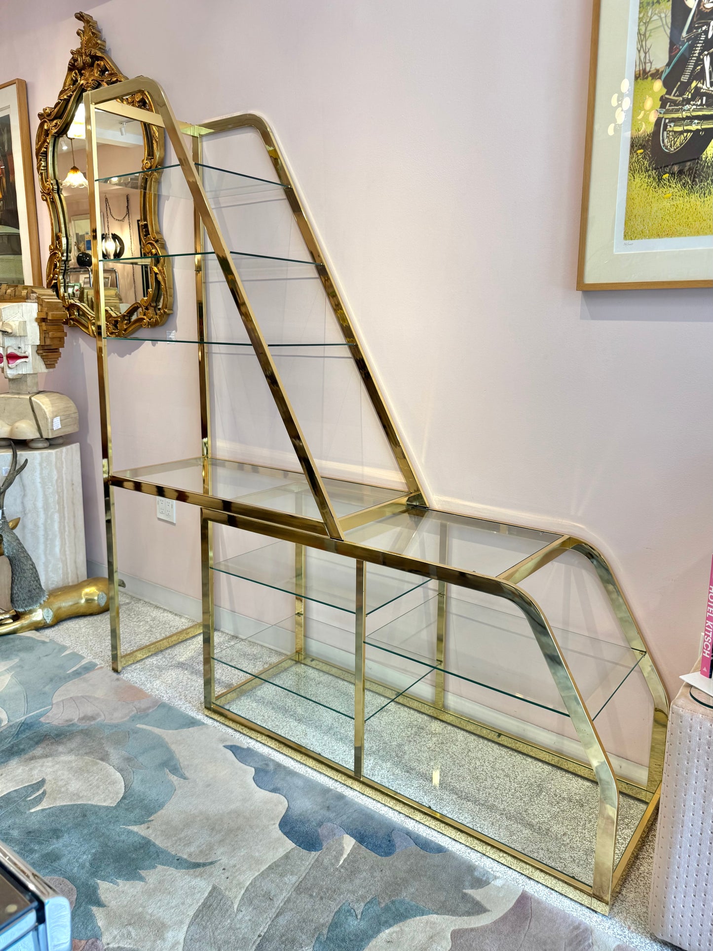 Vintage Asymmetrical Brass and Glass Etagere by DIA