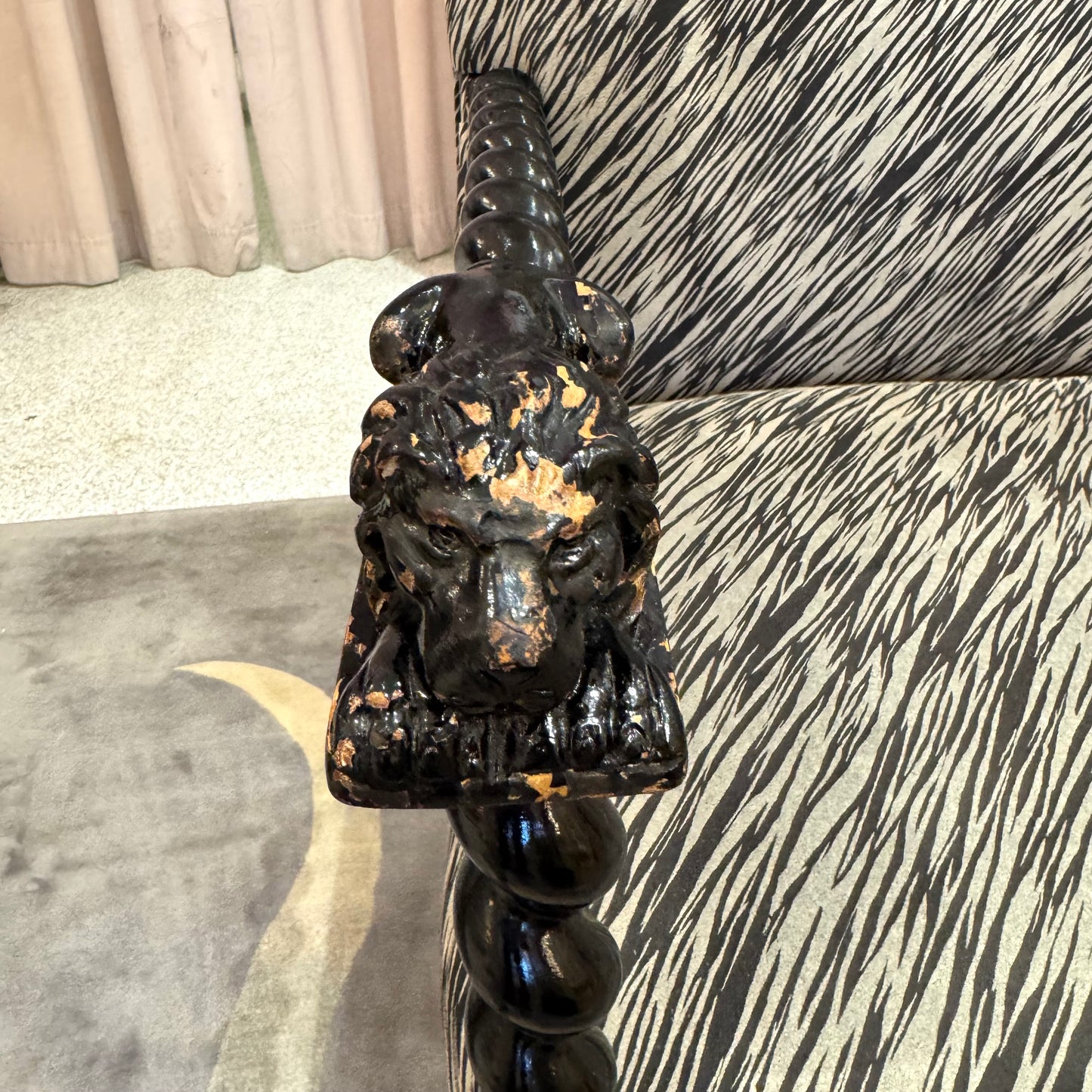 Antique Lions Head Barley Twist Suede Chair/item