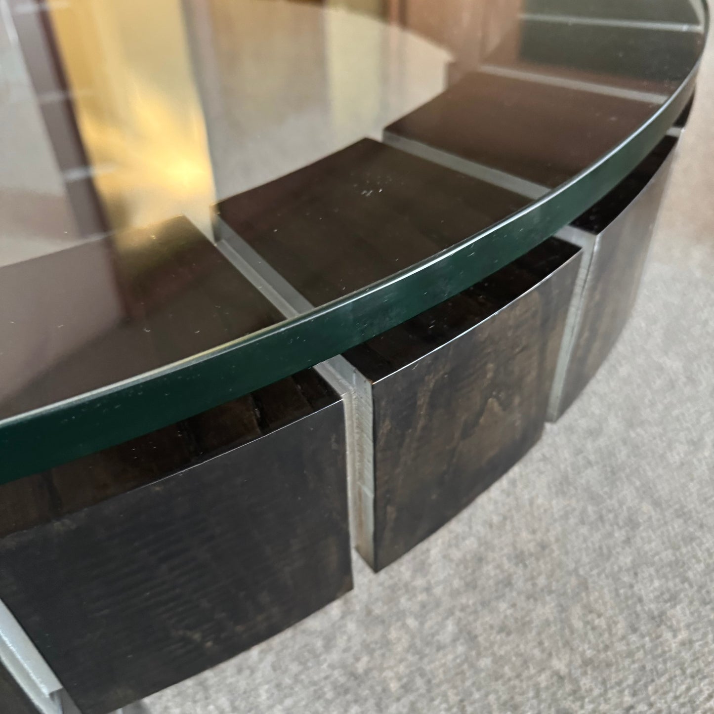 Vintage Postmodern Dark Wood Block and Glass Circular Coffee Table