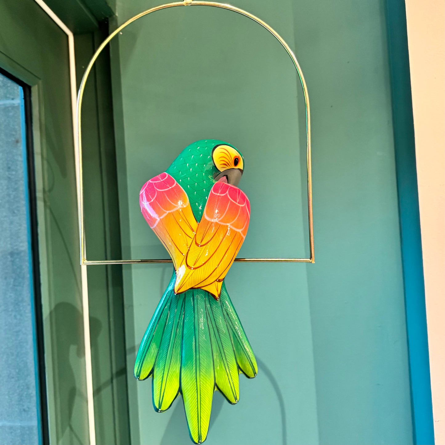 Vintage Papier Maché Parrot Sculpture on Hanging Stand