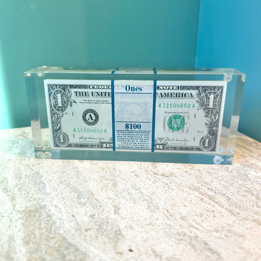 Vintage Lucite 1969 Stacked $100 One Dollar Bills Paperweight