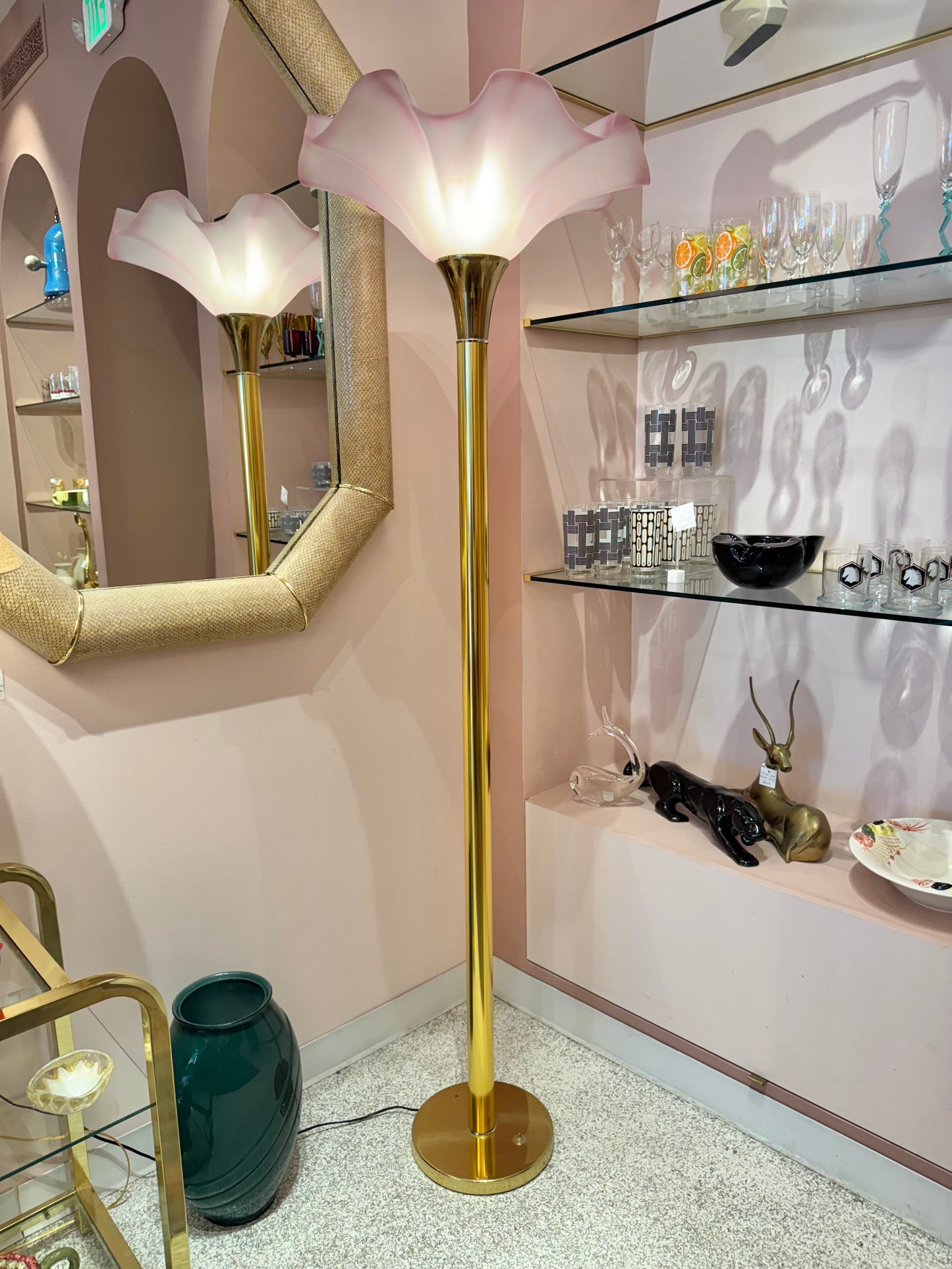 Vintage Pink Acrylic and Brass Flower Floor Lamp
