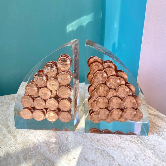 Pair of Vintage Lucite 1987 Penny Bookends (as is)
