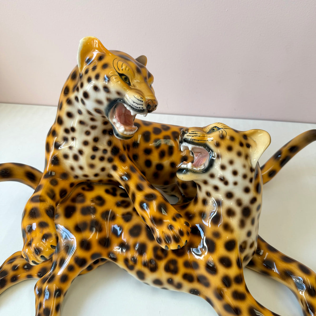 Vintage Mid-Century Ceramic Fighting Leopards Sculpture (as is)