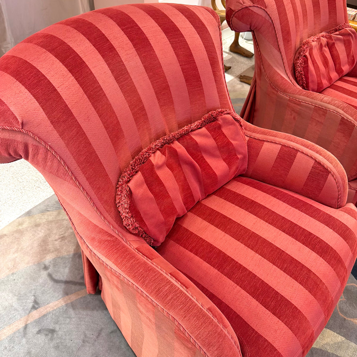 Vintage Raspberry Red Regency Style Striped Lounge Armchair by Lexington Furniture /item