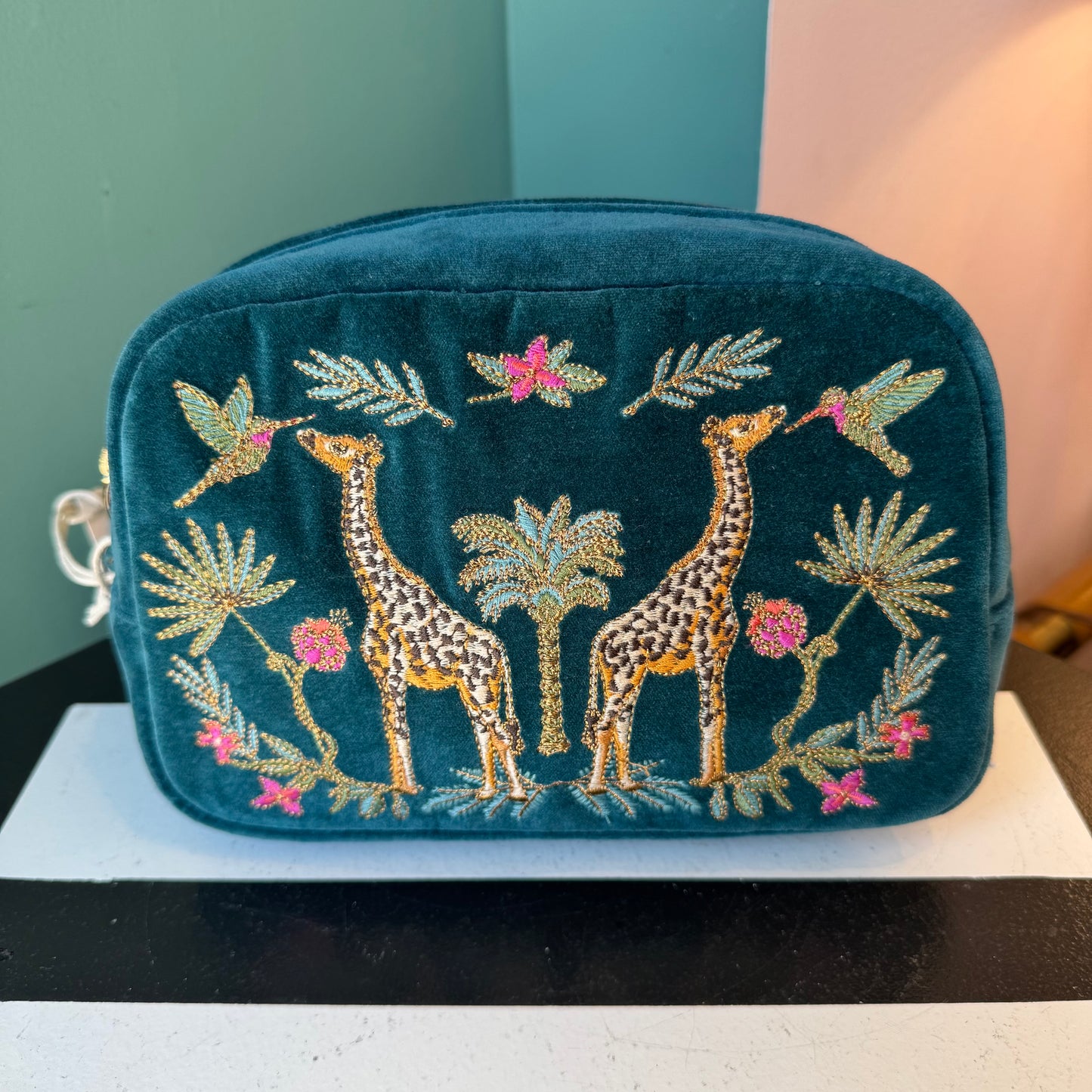 Rich Blue Wild Giraffe Palm Makeup Bag by Elizabeth Scarlett