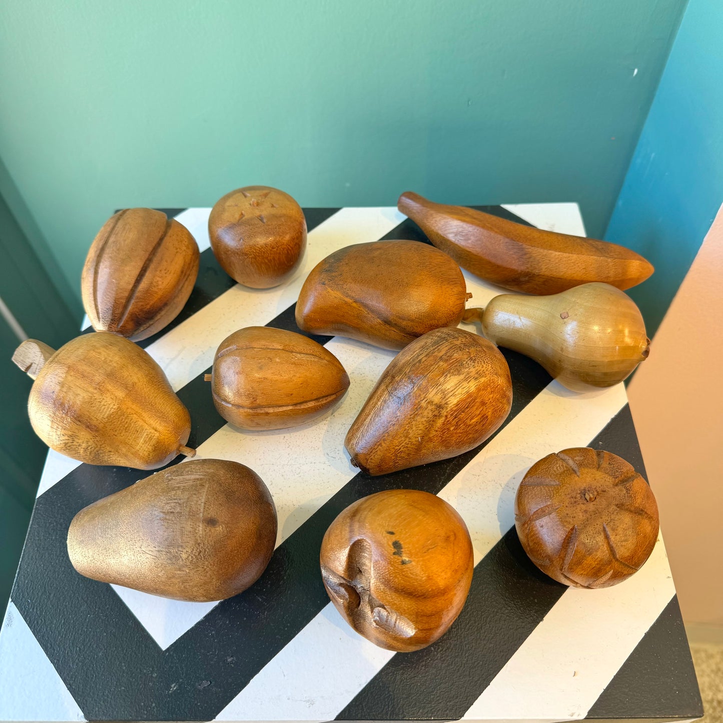 Mid Century Carved Monkey Pod Wooden Fruit and Bowl