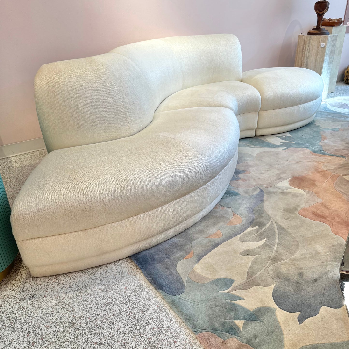 Vintage Three Piece Serpentine Ivory Sectional Sofa