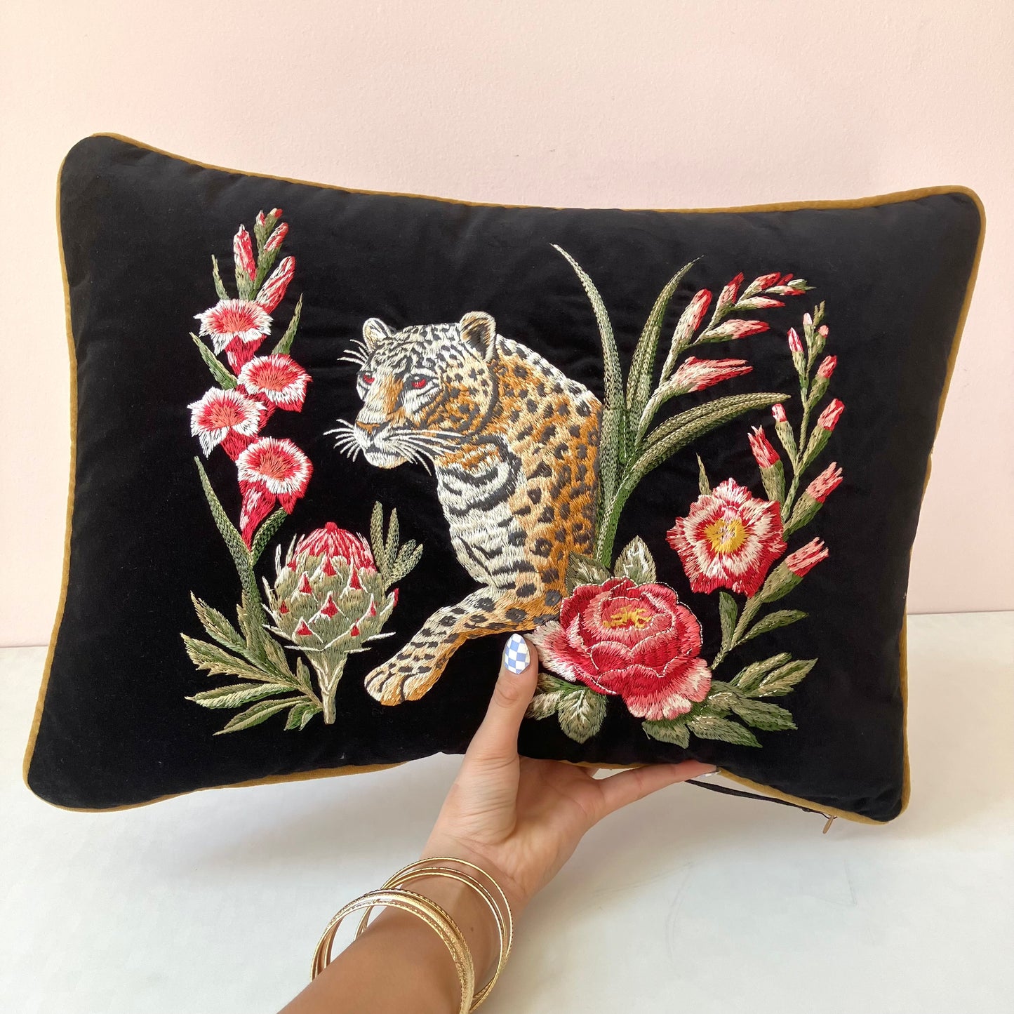 Velvet Embroidered Leopard Pillow by Myth & Thread