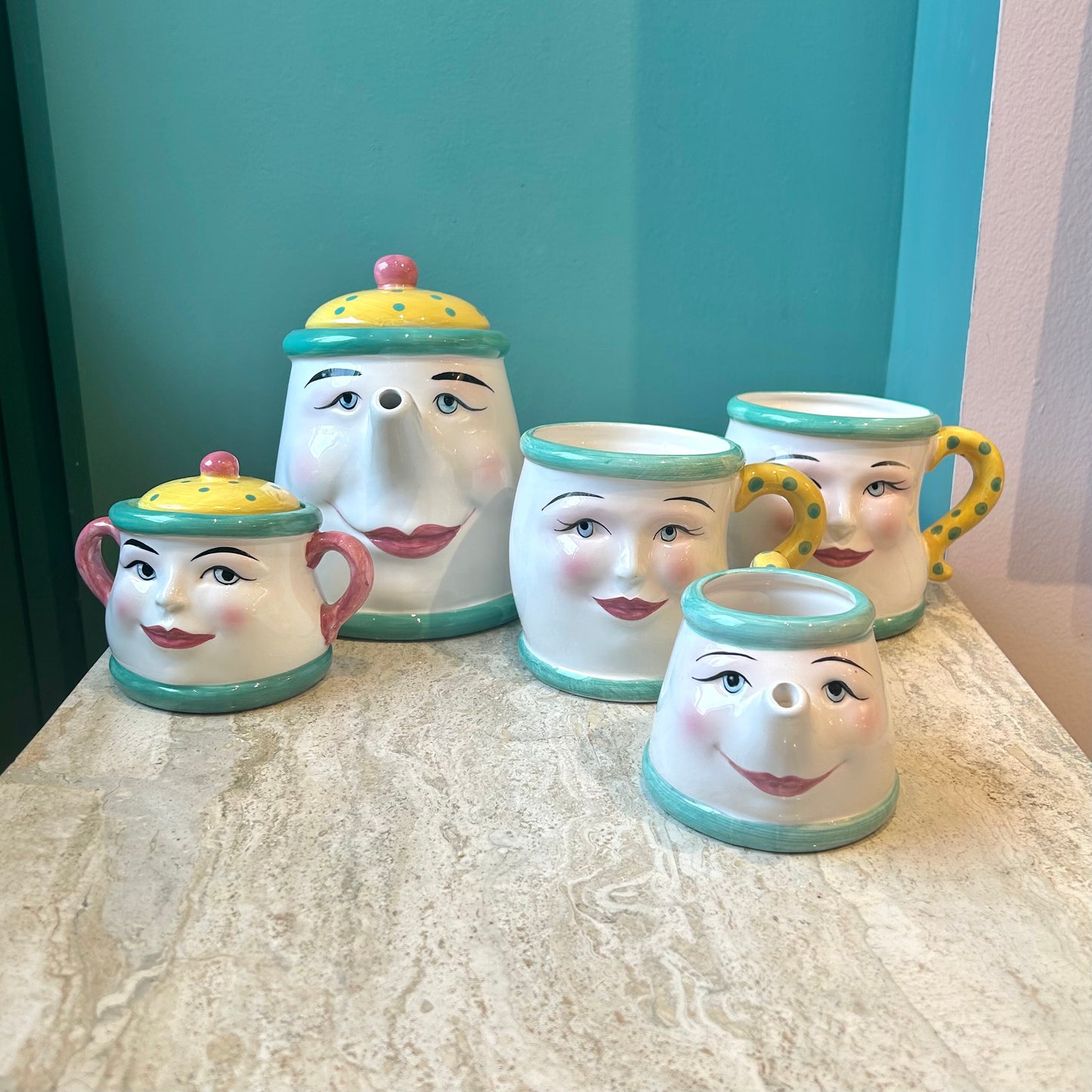 Vintage 5 Piece Tea Set “Coffee Break” by Clay Art San Francisco, Dated 1993