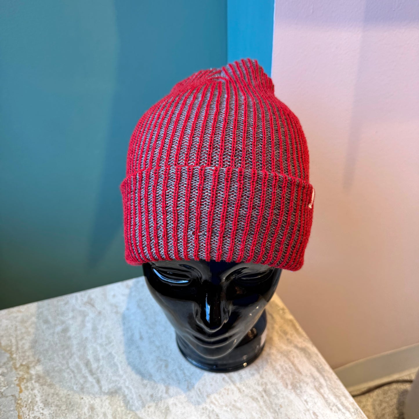 Simple Rib Knit Beanie: Red Grey
