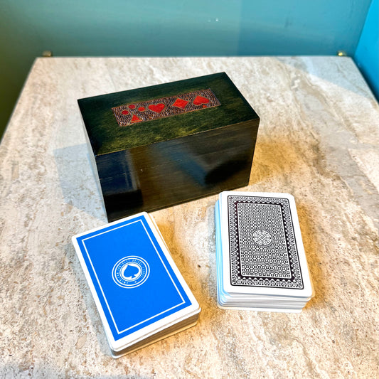 Vintage Green Wooden Playing Cards Box with Cards