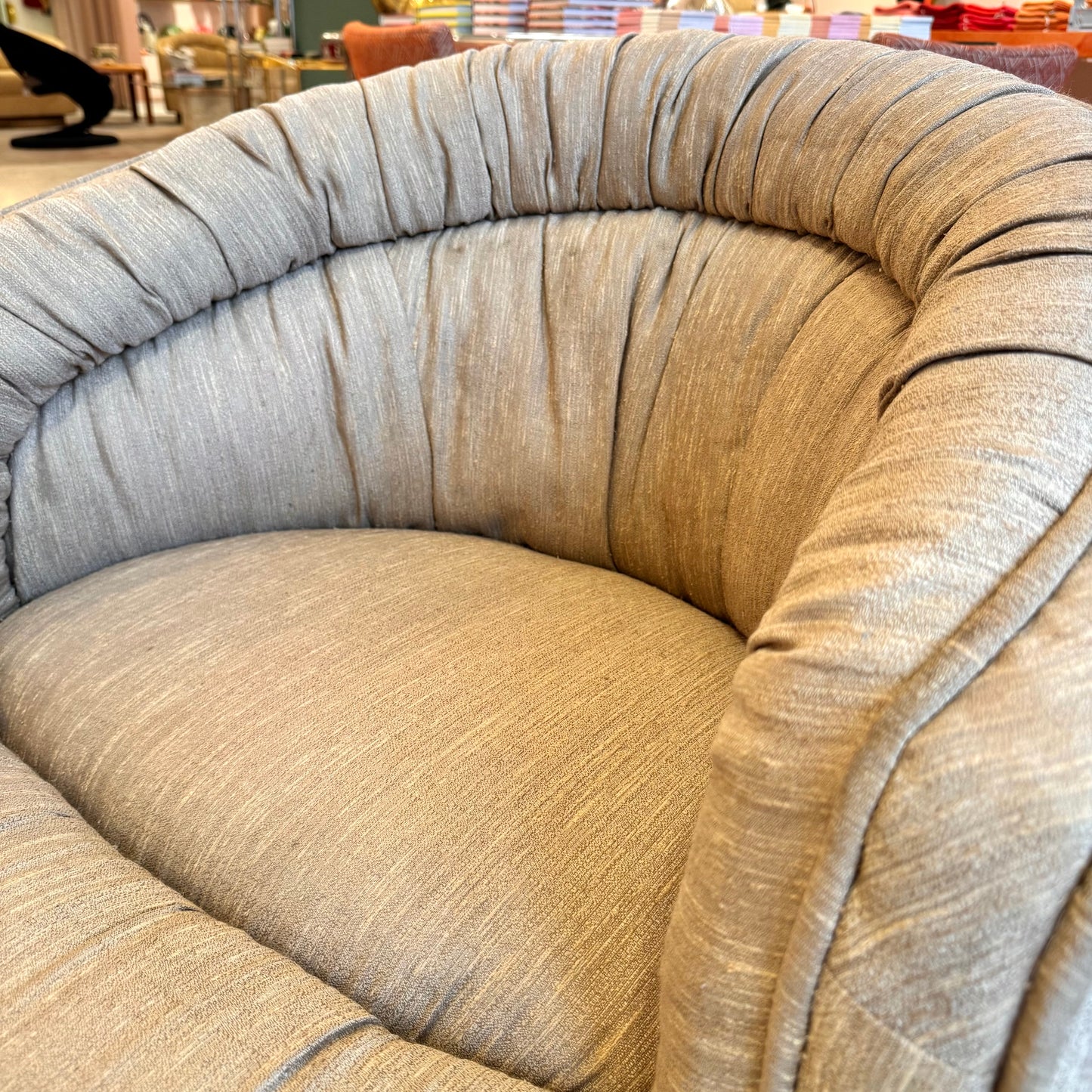 1980's Ruched Back Swivel Barrel Chair