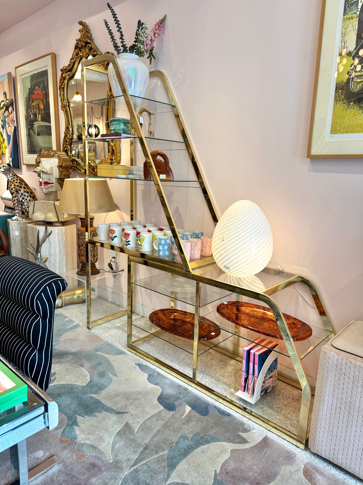 Vintage Asymmetrical Brass and Glass Etagere by DIA