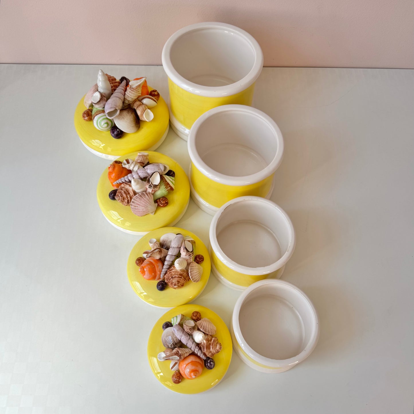 Vintage Set of 4 Seymour Mann Yellow Ceramic Shell Canisters (as is)