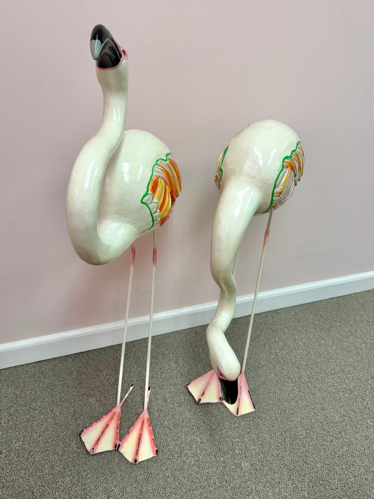 Pair of Extra Large Vintage Mexican Papier- Mache Flamingo Statues