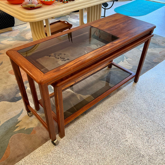 Vintage Lou Hodges Style Oak and Smoked Glass Swiveling Console/Desk