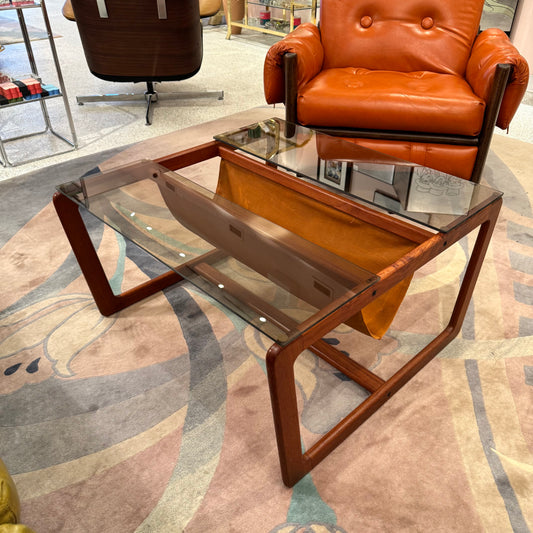 Vintage Lou Hodges Style Teak and Smoked Glass Coffee Table with Magazine Holder