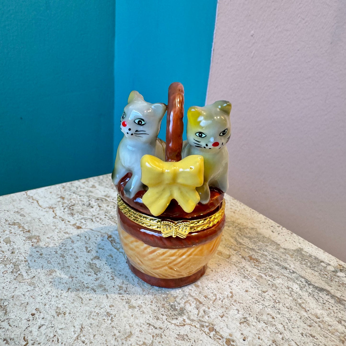 Adorable Cats in a Basket Hand Painted Trinket Box