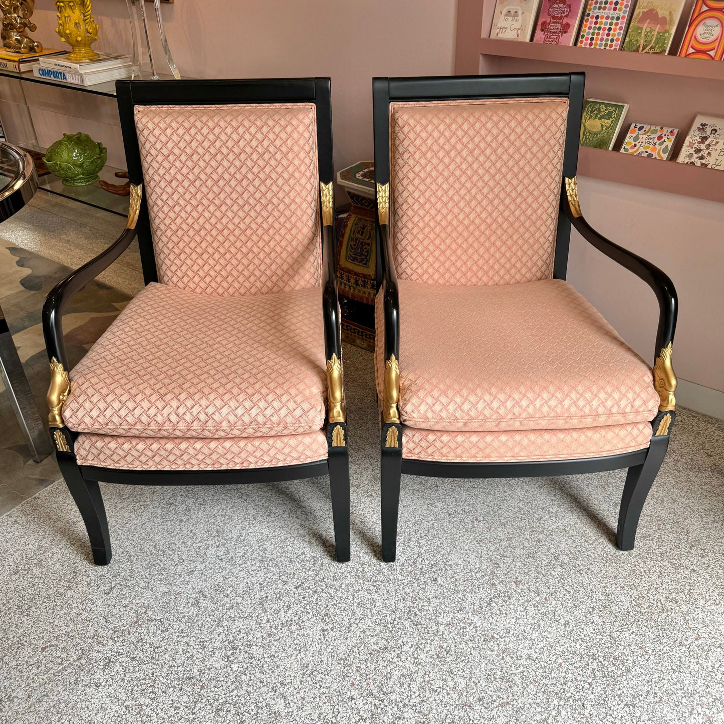 Vintage Ebonized Regency Arm Chair with Pink Lattice Upholstery and Gold Gilt Detail/item