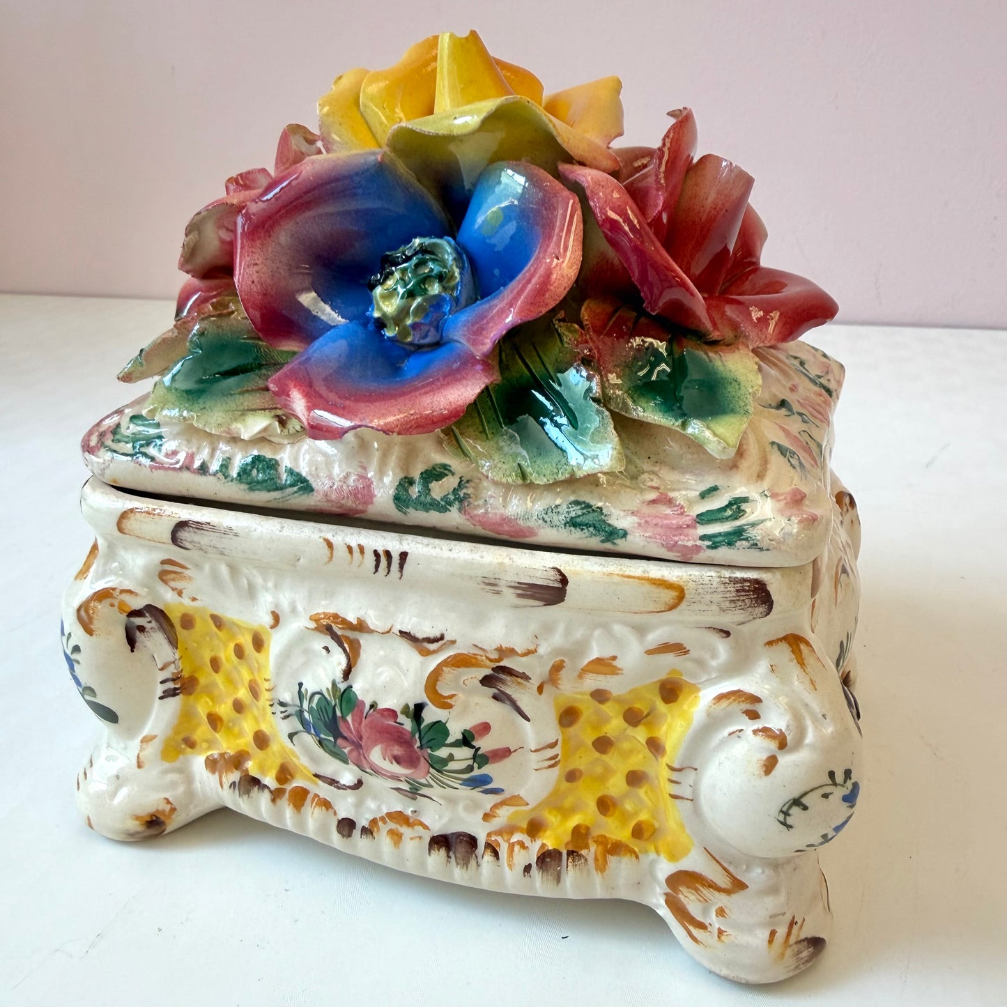 Vintage Italian Capodimonte Porcelain Floral Trinket Box