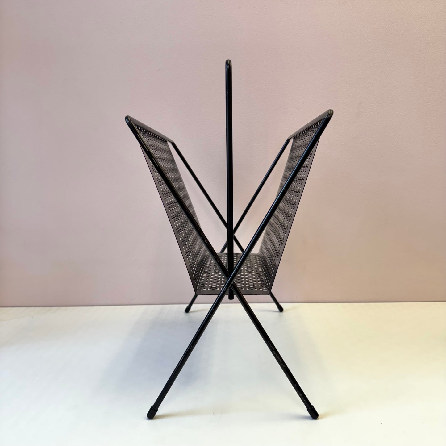 Vintage Mid Century Black Perforated Metal Magazine Rack