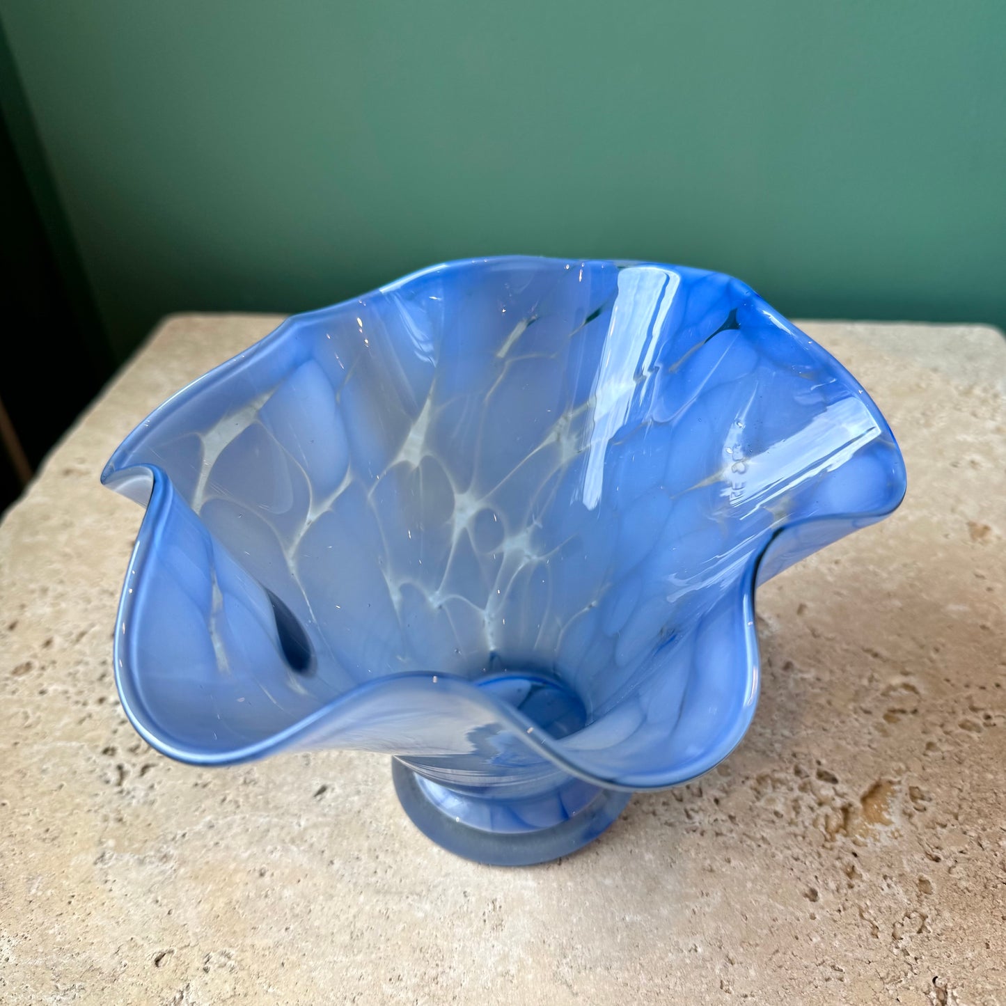 Vintage Krosno Józefina Poland Blue Swirl Ruffled Art Glass Bowl/Vase