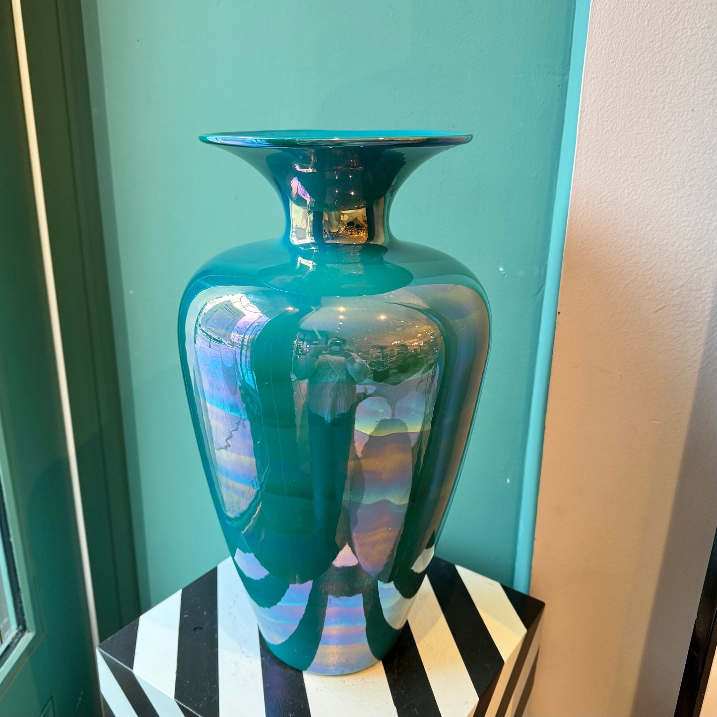 Vintage Large Teal Pearlescent Flower Vase