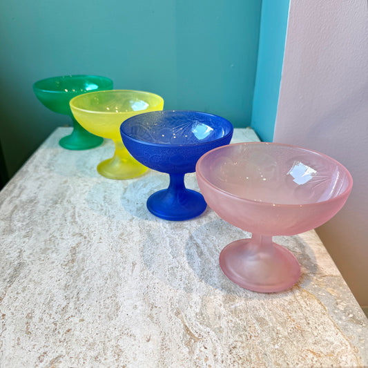 Vintage Set of 4 Colorful Pressed Glass Dessert Bowls