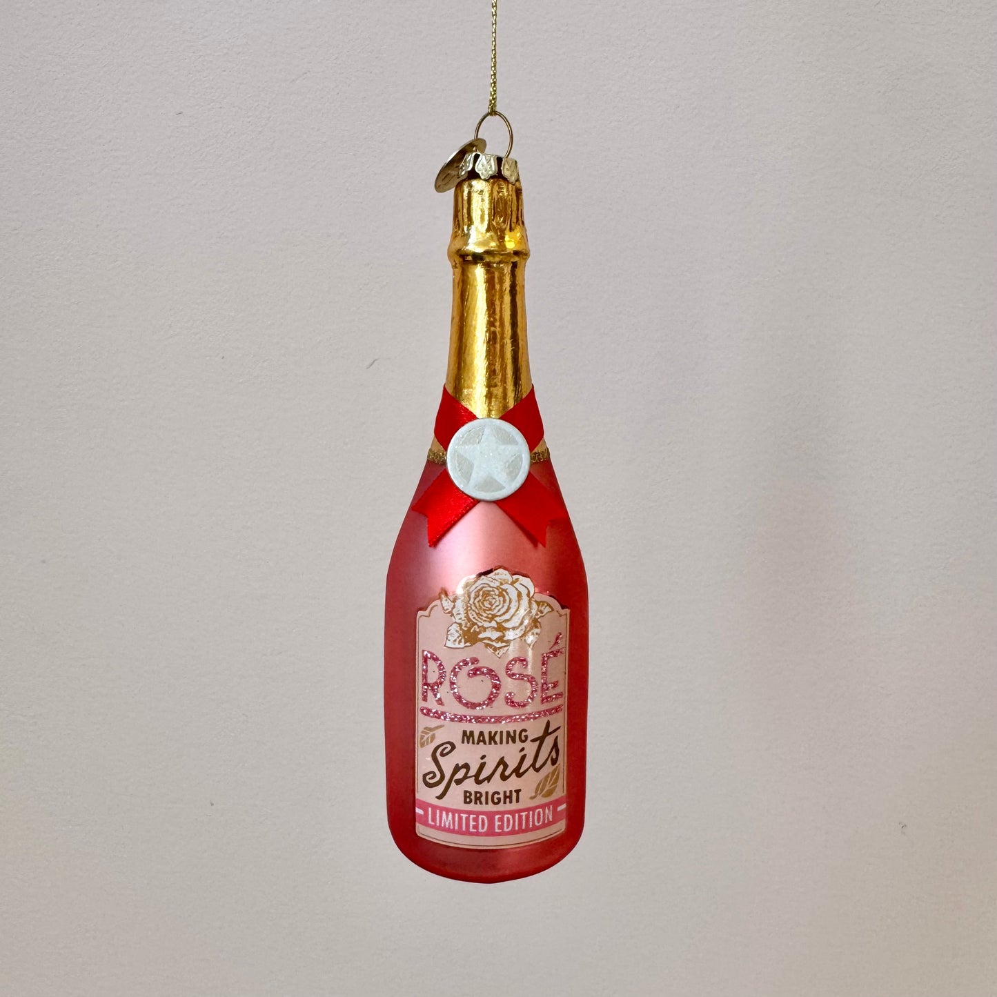 Rose Sparkling Wine Bottle Glass Ornament