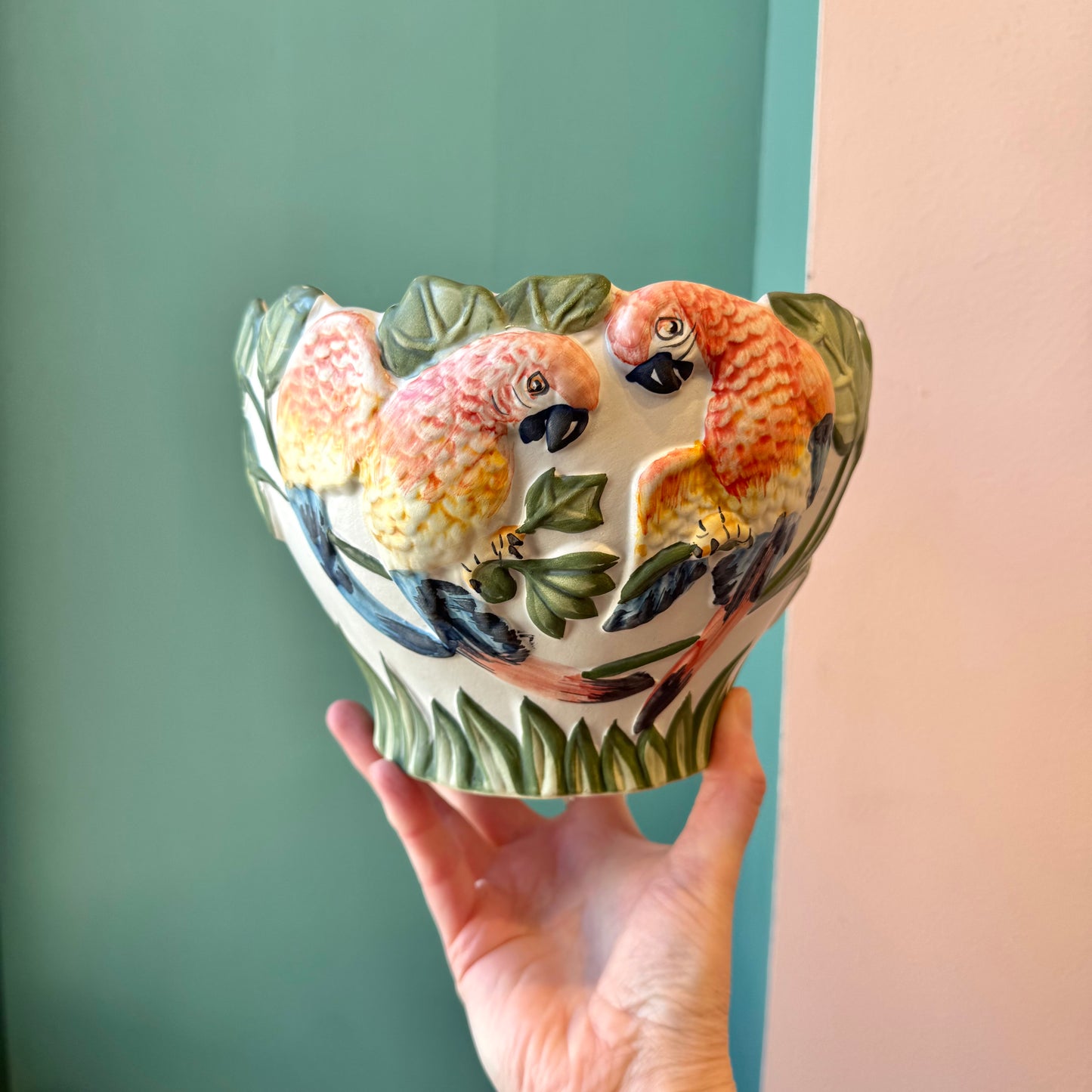 Vintage Portuguese Hand Painted Parrot Planter Bowl