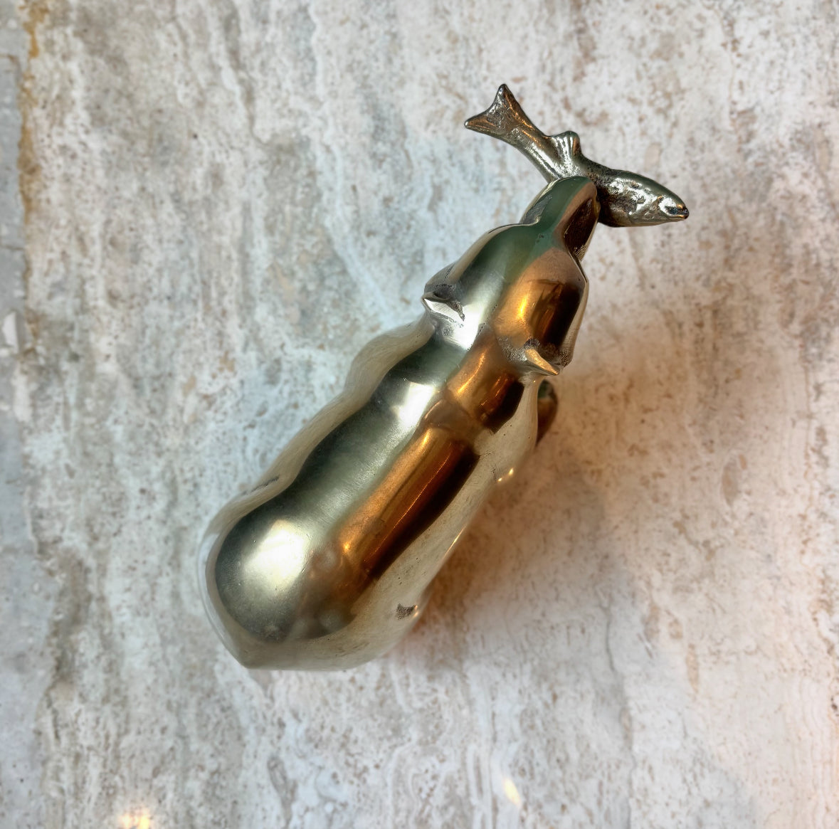 Vintage Brass Bear with Fish in Mouth Figurine