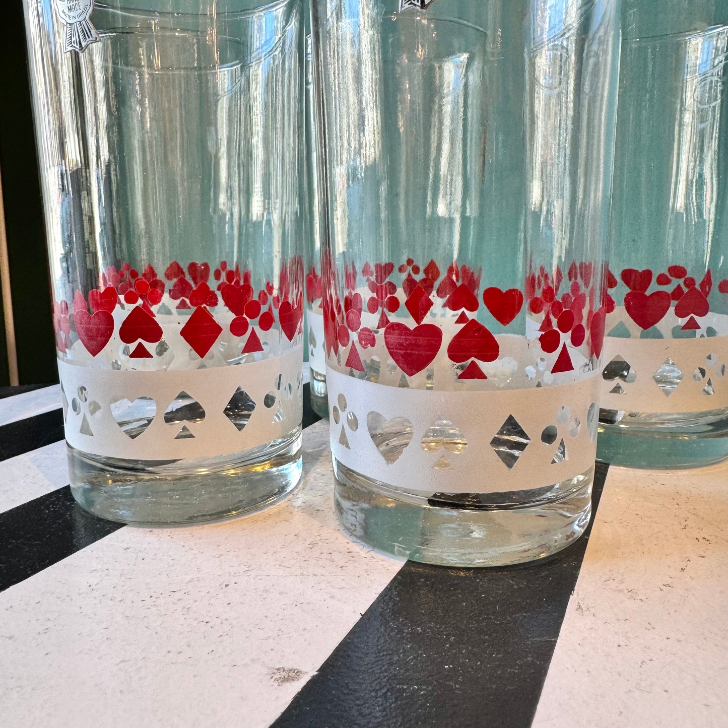 Set of 5 Vintage Red and White Card Suit Highball Glasses