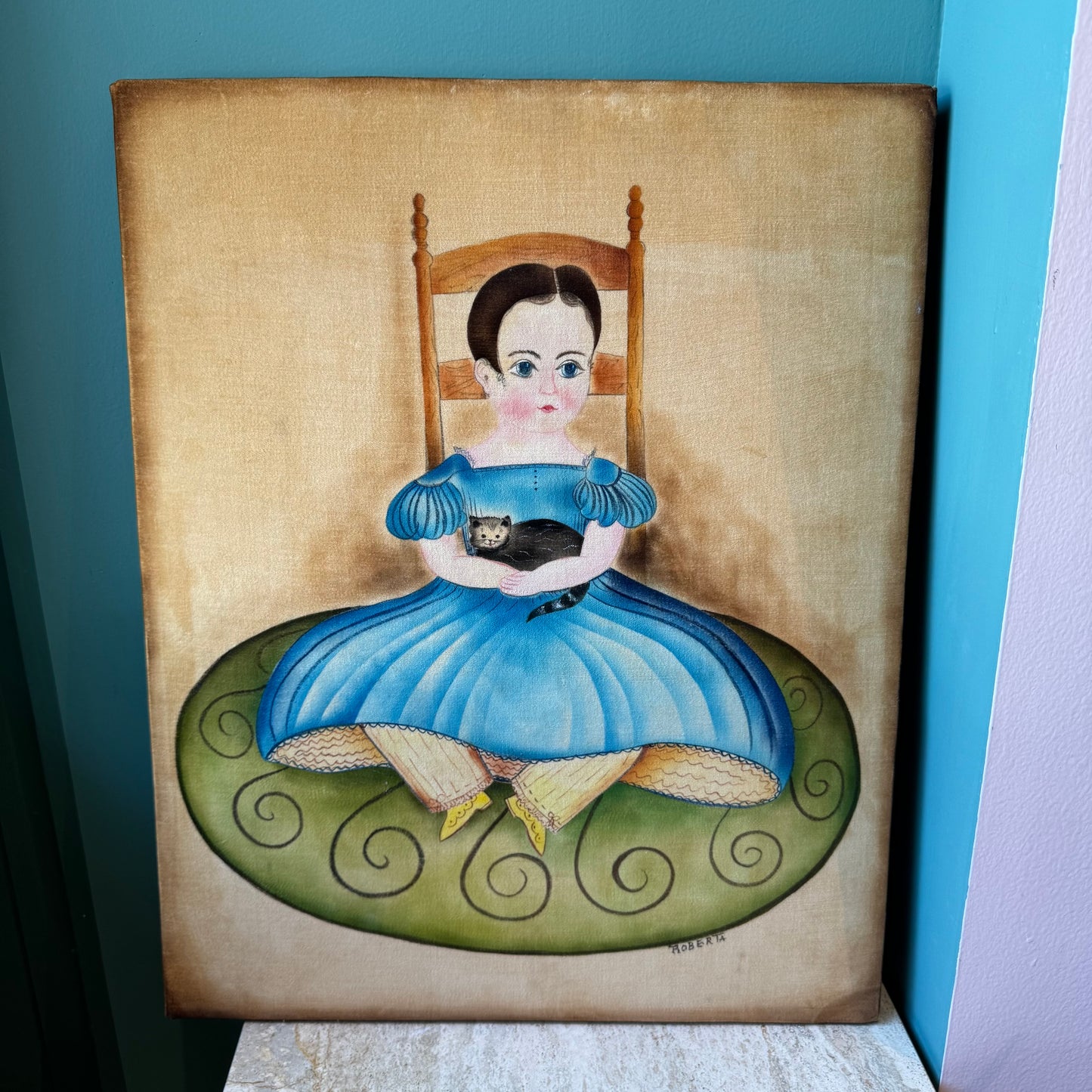 Vintage Girl with Cat Velvet Portrait - Signed and Dated