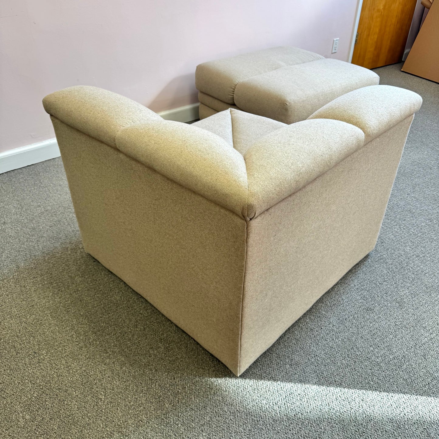 Vintage Soft Beige Tweed Chair & Ottoman