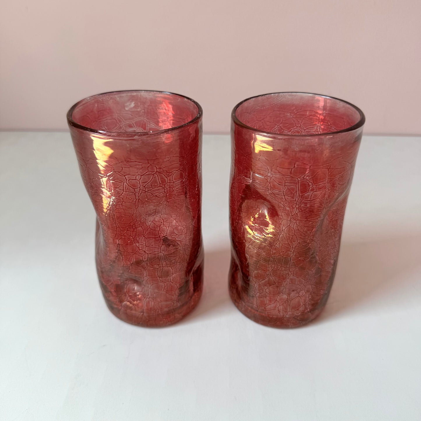 Vintage Set of 2 Hand Blown Crackled Cranberry "Pinched" Glass Water Glasses