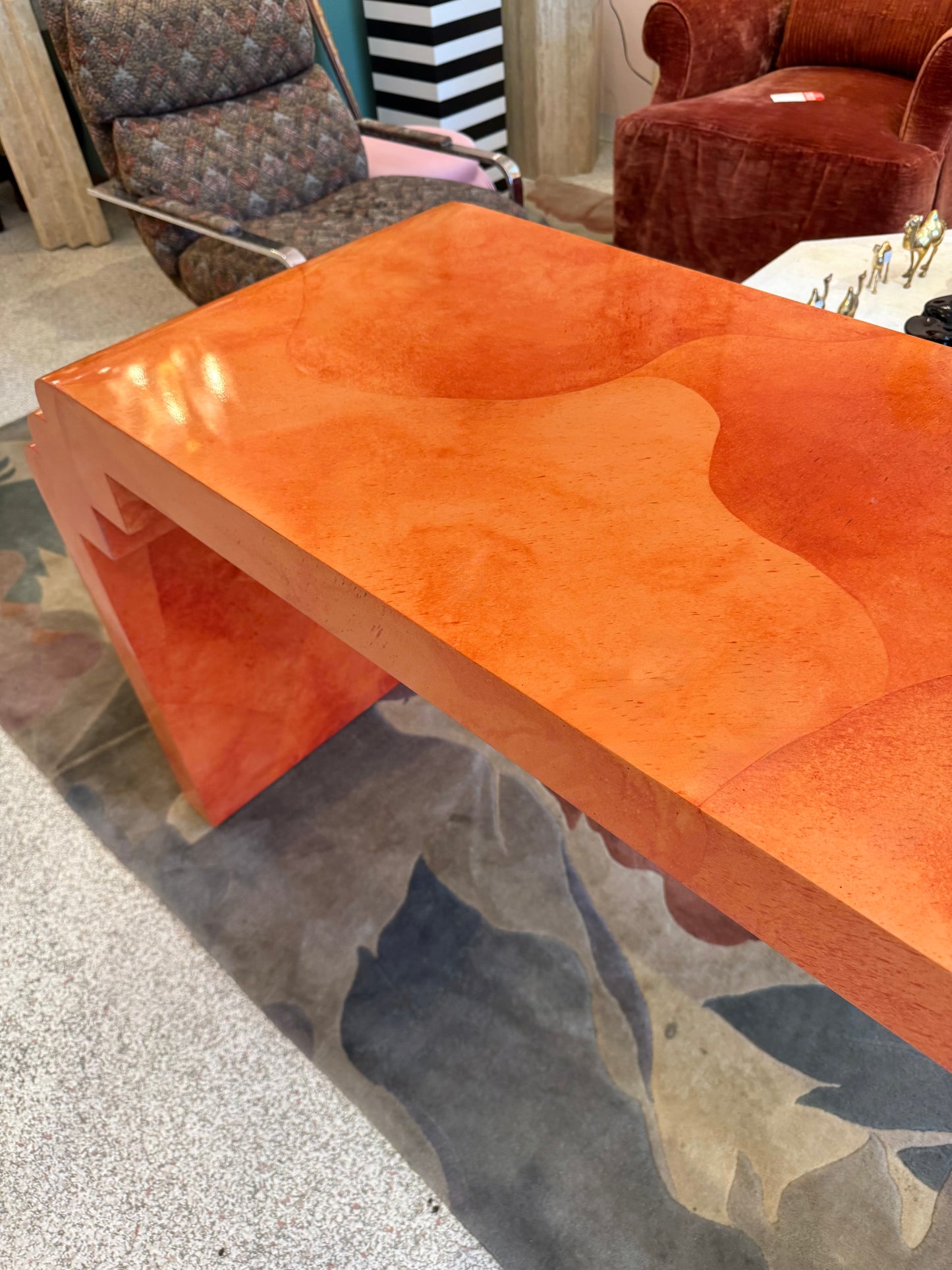 Vintage Postmodern Faux Goatskin Orange Lacquer Console Table
