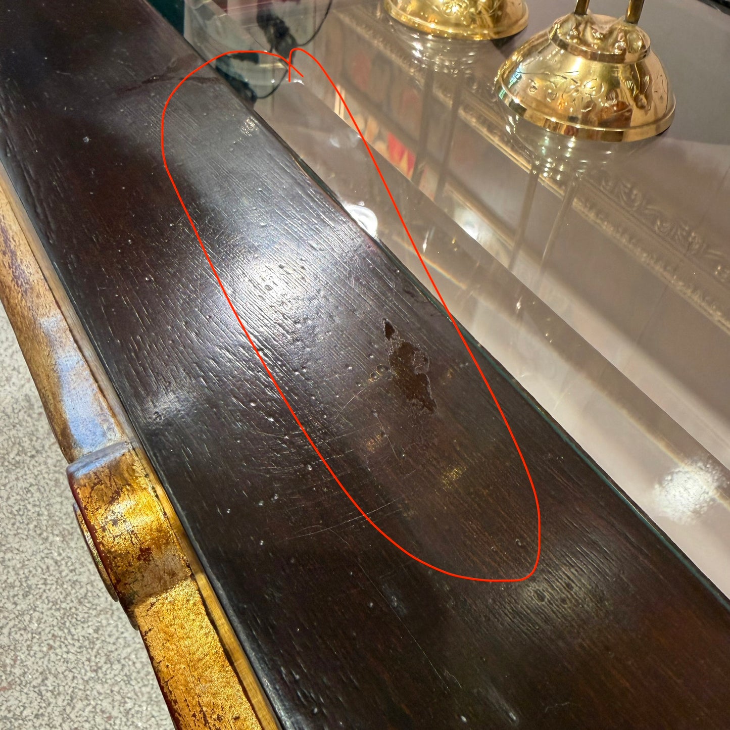 Vintage Dark Wood Console with Gold Gilt Draped Valance Detail