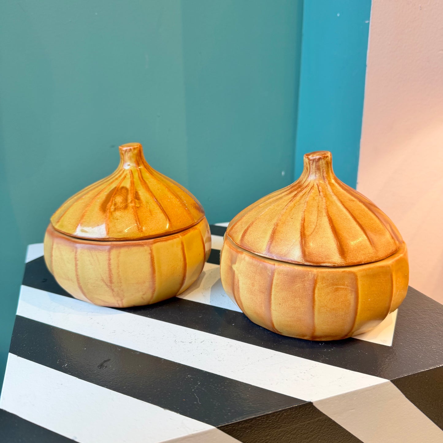 Pair of Vintage Ceramic Onions Bowls with Lids