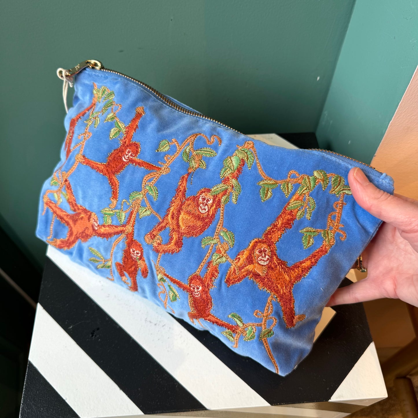 Orangutans Caribbean Blue Velvet Large Everyday Pouch by Elizabeth Scarlett