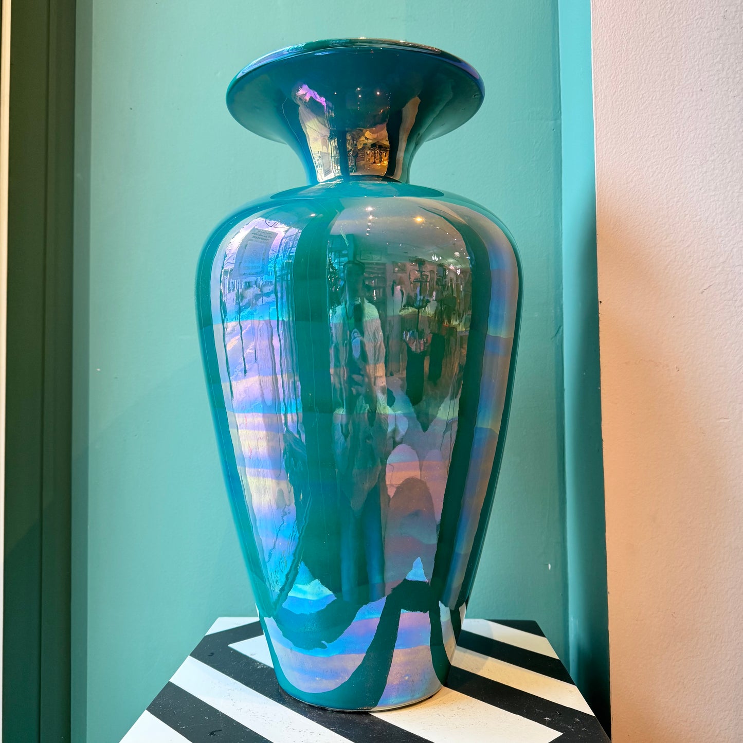 Vintage Large Teal Pearlescent Flower Vase