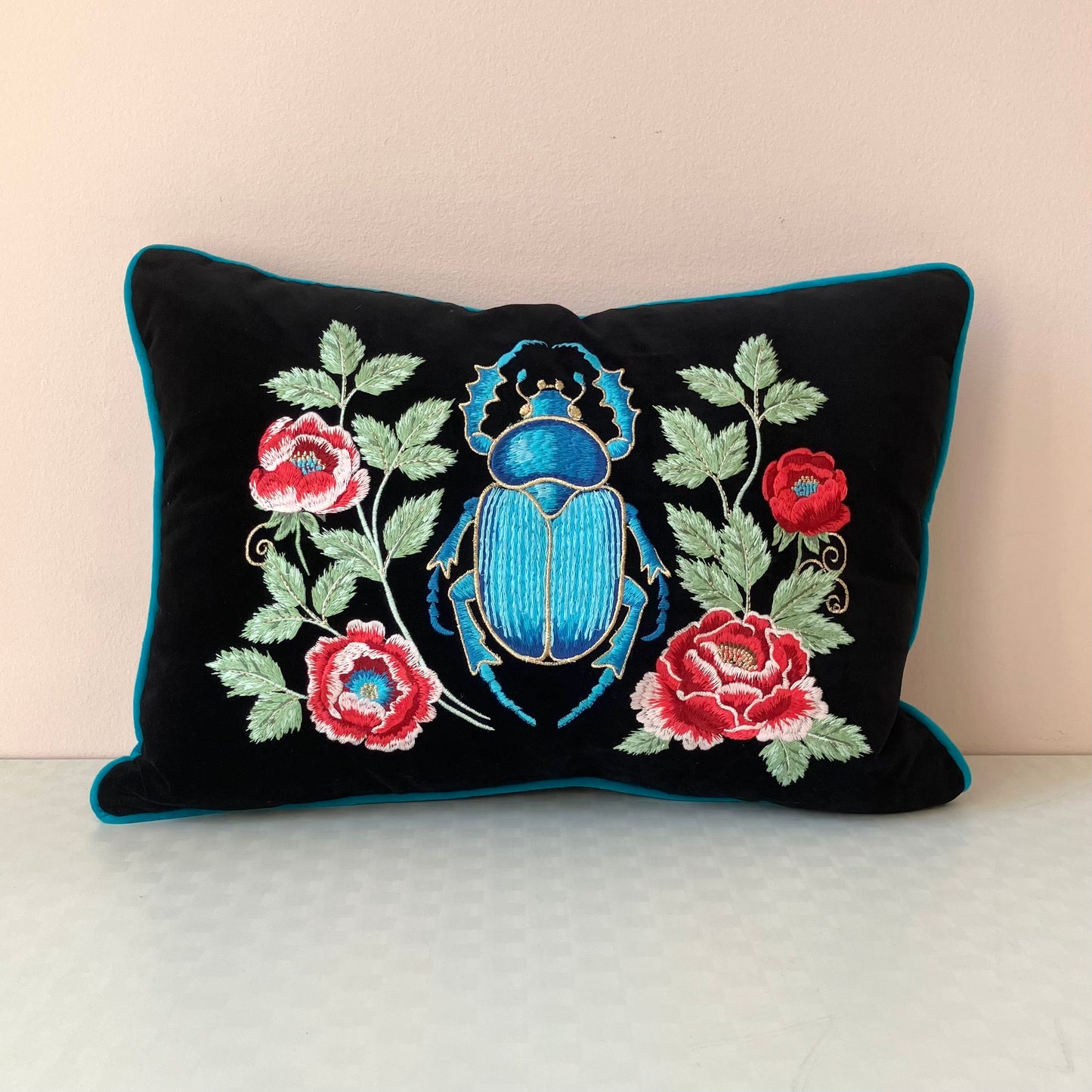 Velvet Embroidered Beetle Pillow by Myth & Thread