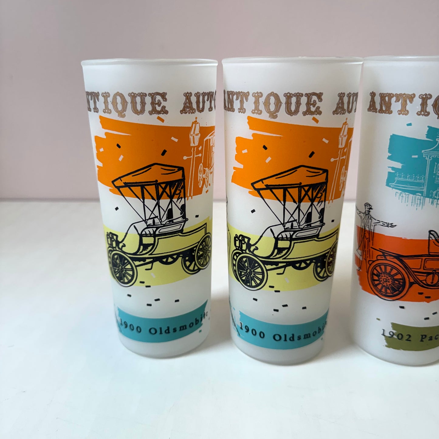 Vintage Set of 6 Anchor Hocking “Antique Autos” Frosted Glass Tumblers