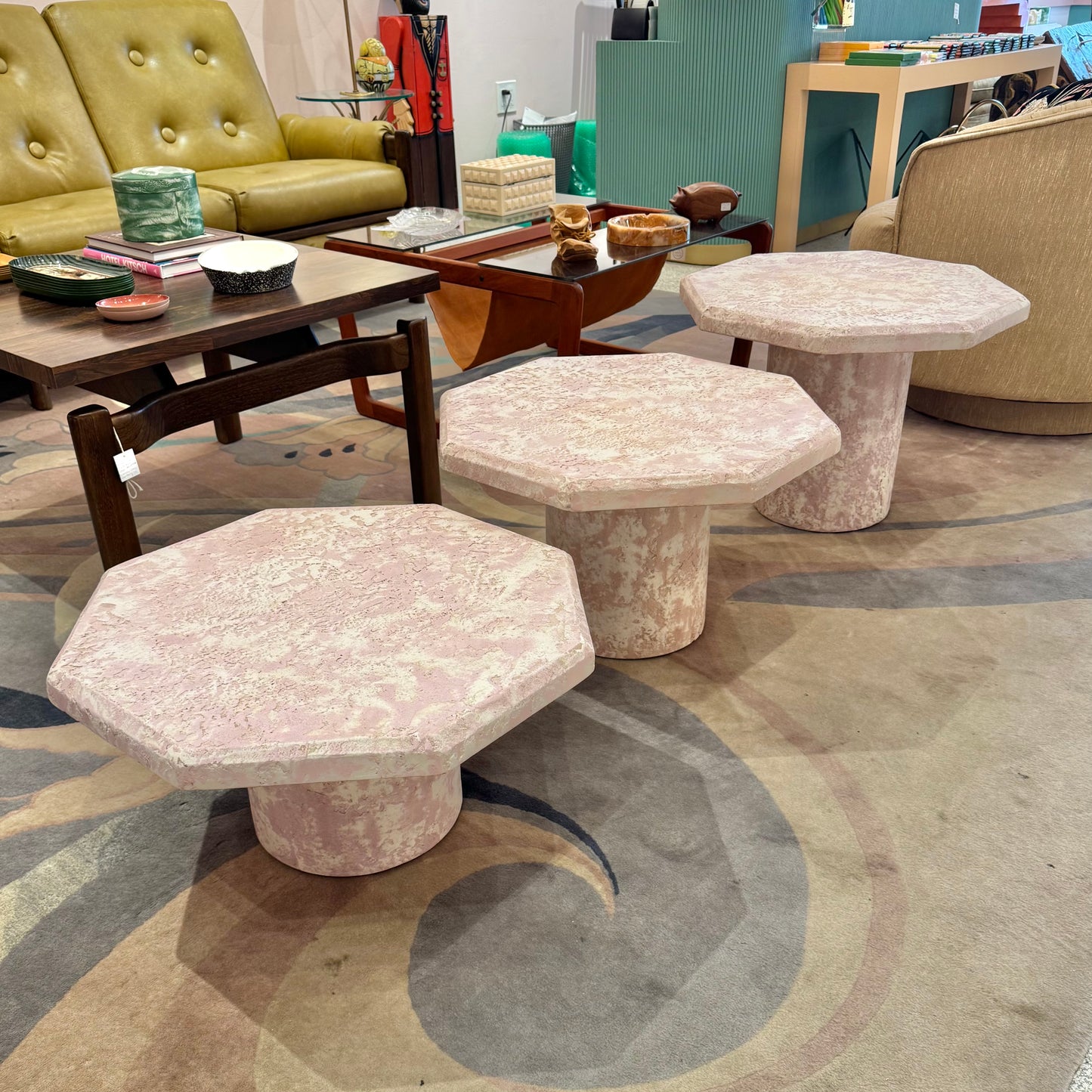 Vintage Set of 3 Pale Pink Octagonal Faux Stone Nesting Tables