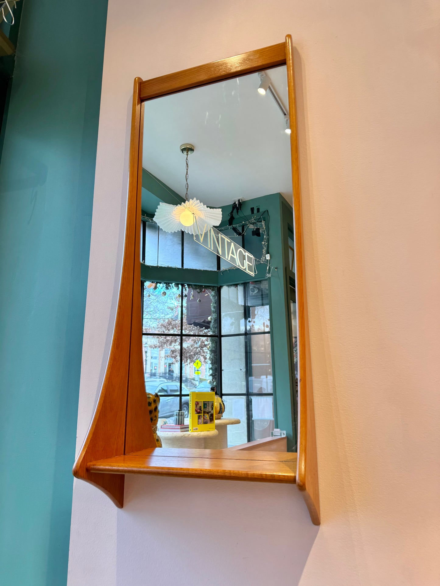 Mid Century Danish Teak Curved Wall Mirror with Shelf by Pedersen and Hansen