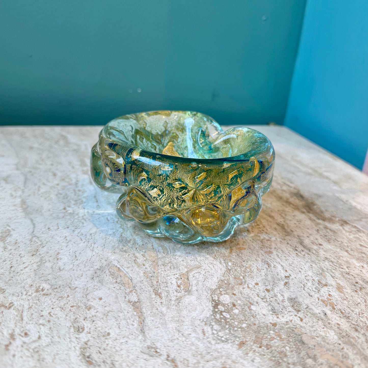 Chunky Vintage Blue and Gold Murano Glass Ashtray